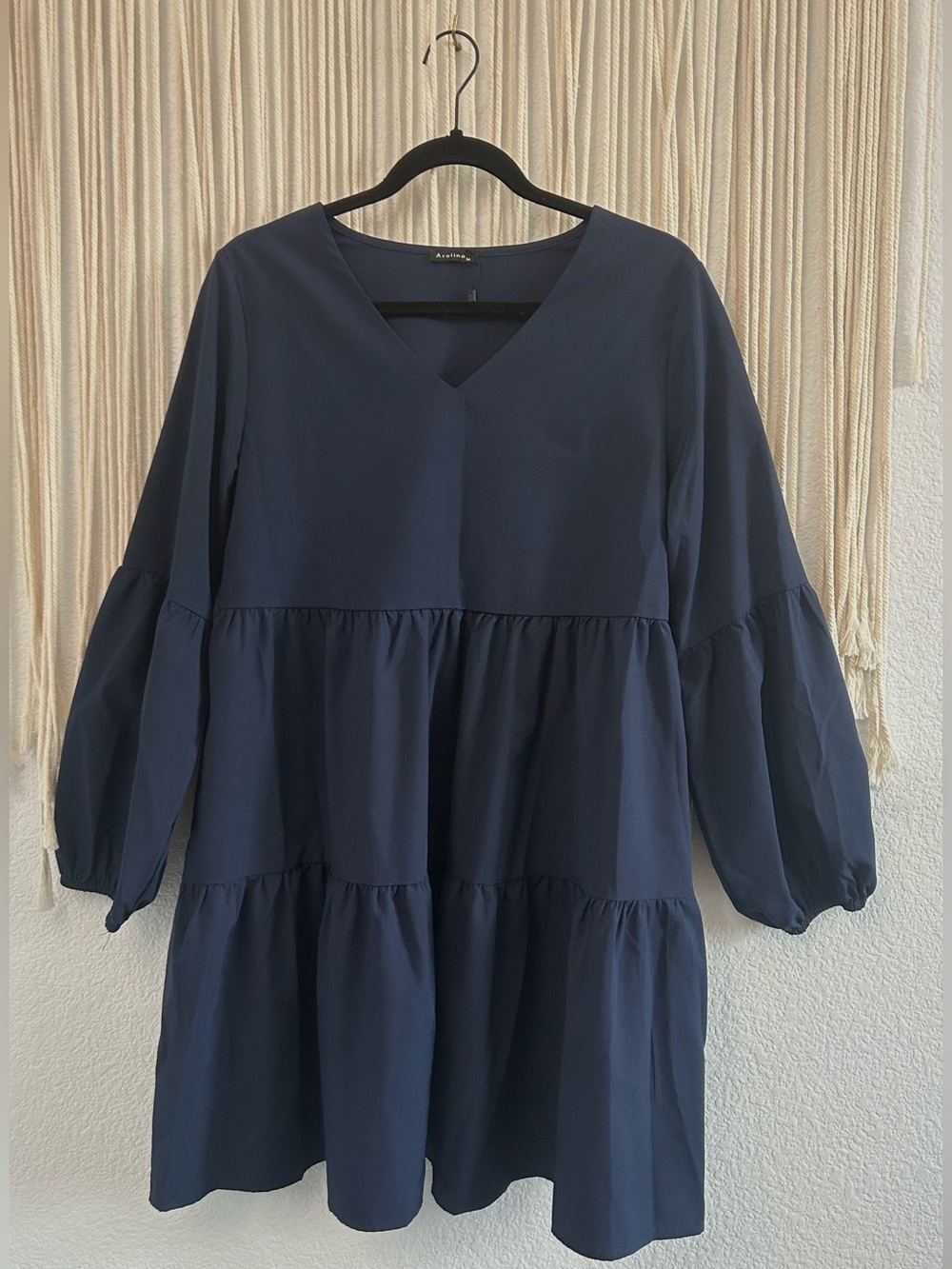 Navy Blue Tiered Babydoll Mini Dress Puff Sleeve Boho Cottagecore V Neck - Picture 5 of 14